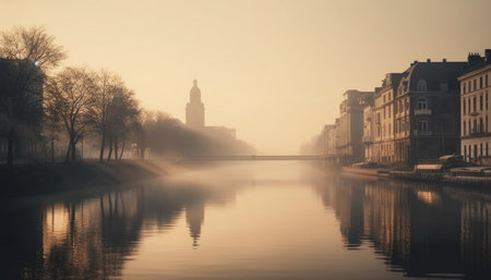 Medieval cathedral reflects in tranquil canal at dusk, a famous place generated by artificial intelligenceの素材