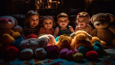 Cute girls playing with teddy bear, smiling with joy and togetherness generated by artificial intelligenceの素材