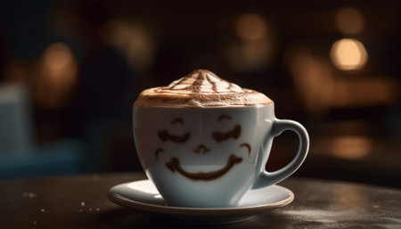 Freshly brewed coffee in a frothy cup on a saucer generated by artificial intelligenceの素材