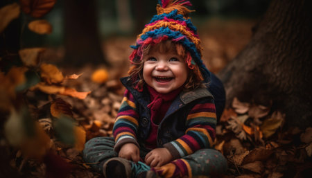 Smiling child enjoys autumn outdoors, surrounded by nature beauty generated by artificial intelligenceの素材