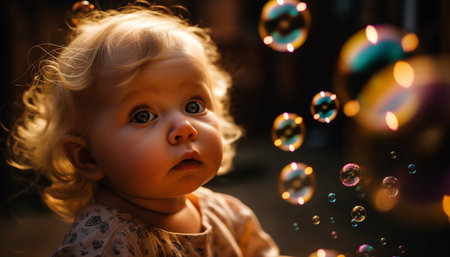 Cute Caucasian toddler girl playing with bubbles outdoors, smiling joyfully generated by artificial intelligenceの素材