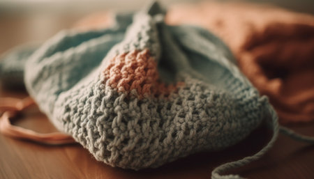 Warm knit hat brings cozy comfort in rustic home interior generated by artificial intelligenceの素材