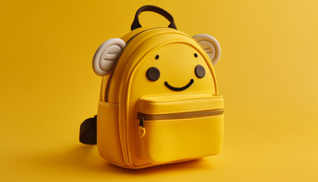 Yellow suitcase carrying cute toy animal on yellow background generated by artificial intelligenceの素材