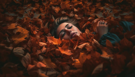 Autumn beauty Young woman lying in leaves, smiling with elegance generated by artificial intelligenceの素材