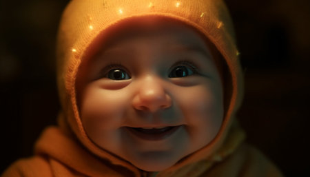 Cute baby boy smiling, close up portrait of joyful innocence outdoors generated by artificial intelligenceの素材
