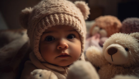 Cute baby girl smiling with teddy bear in warm knit hat generated by artificial intelligenceの素材
