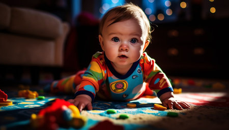 Cute baby playing with colorful toys brings joy and happiness generated by artificial intelligenceの素材