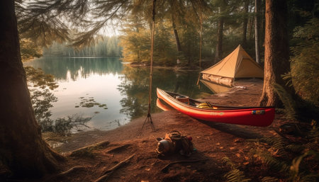 Adventure in tranquil wilderness canoeing, hiking, camping, exploring nature generated by artificial intelligenceの素材