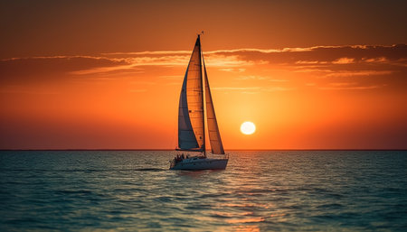 Sailboat silhouette races against the sunset on tranquil seascape generated by artificial intelligenceの素材