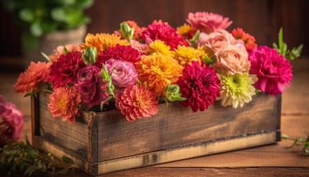 Fresh bouquet of multi colored flowers in rustic wooden vase generated by artificial intelligenceの素材