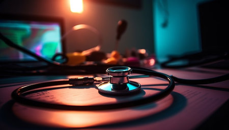 Close up healthcare equipment on desk illuminates diagnostic data for expert analysis generated by artificial intelligenceの素材