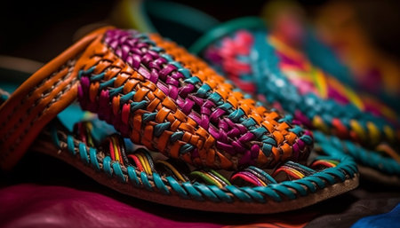 Multi colored leather sandals with intricate embroidery and woven patterns generated by artificial intelligenceの素材