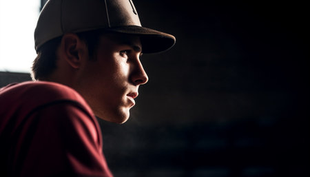 Confident young athlete in casual cap, serious and determined outdoors generated by artificial intelligenceの素材