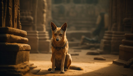 Purebred German Shepherd sitting outdoors, looking at camera with focus generated by artificial intelligenceの素材