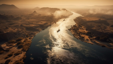 Tranquil mountain range reflects beauty in nature, idyllic seascape adventure generated by artificial intelligenceの素材