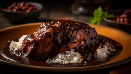 Grilled meat and vegetables on rustic plate, ready to eat freshness generated by artificial intelligenceの素材