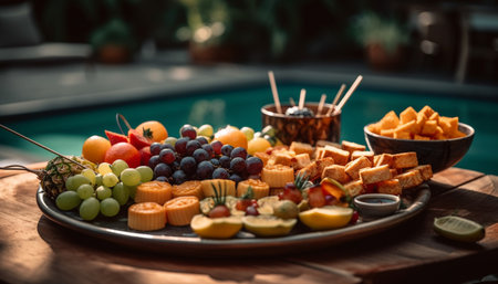 Rustic banquet offers variety of gourmet vegetarian appetizers and desserts generated by artificial intelligenceの素材