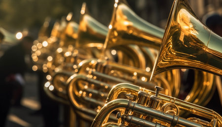 Shiny brass instruments reflect musician focus on foreground performance generated by artificial intelligenceの素材