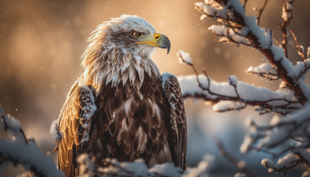 Majestic bird of prey perching on branch in winter forest generated by artificial intelligenceの素材