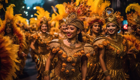 Colorful Brazilian Samba Parade Young Women Dancing in Traditional Clothing generated by artificial intelligenceの素材
