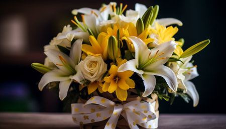 Fresh bouquet of multi colored tulips in a wooden vase generated by artificial intelligenceの素材