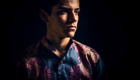 Confident young adult men in elegant fashion looking at camera generated by artificial intelligenceの素材