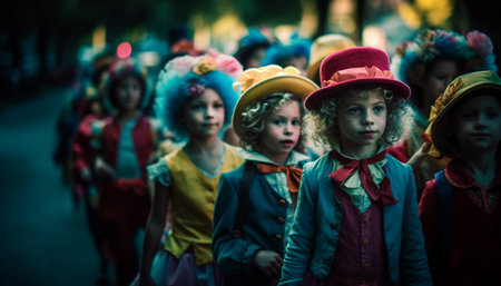 Smiling children in multi colored costumes celebrate Halloween outdoors at night generated by artificial intelligenceの素材