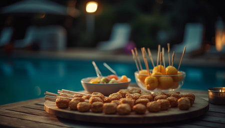 Grilled meat skewers on wooden plate, perfect summer refreshment generated by artificial intelligenceの素材