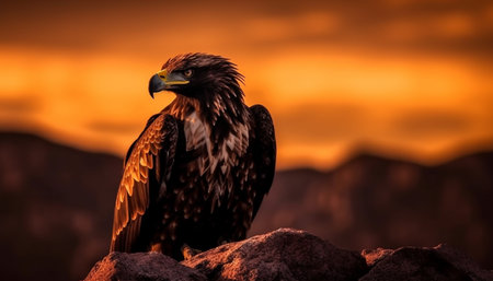 Majestic bird of prey perching on mountain at sunset generated by artificial intelligenceの素材