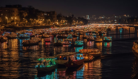 Nighttime waterfront travel sailboat, yacht, and nautical vessels illuminated generated by artificial intelligenceの素材