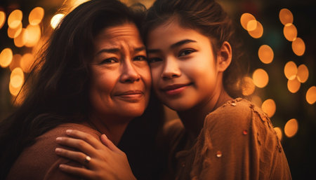 Smiling family embracing togetherness, celebrating love and happiness outdoors generated by artificial intelligenceの素材