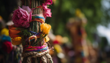Multi colored decoration hanging from rope in traditional festival celebration outdoors generated by artificial intelligenceの素材