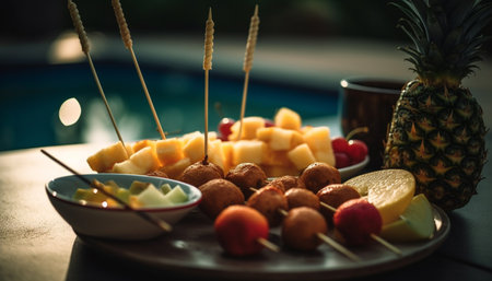 Fresh fruit skewers on wooden tray for healthy summer snack generated by artificial intelligenceの素材