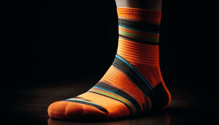 Fashionable striped stockings on a comfortable human leg and foot generated by artificial intelligenceの素材