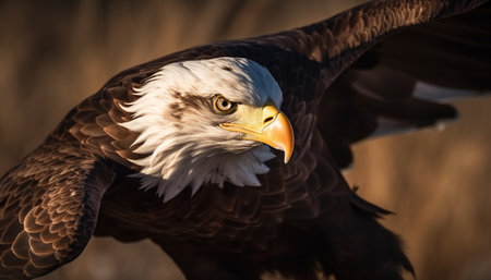 Majestic bird of prey perching, spread wings, looking at camera generated by artificial intelligenceの素材