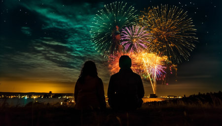 Fourth of July celebration Men and women enjoy firework display generated by artificial intelligenceの素材