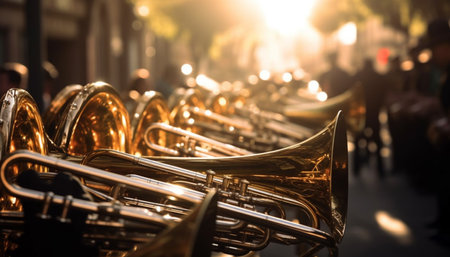 Brass musician playing shiny brass trumpet in foreground reflection generated by artificial intelligenceの素材