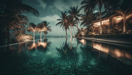 Tropical palm tree reflects in tranquil swimming pool at dusk generated by artificial intelligenceの素材