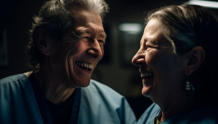 Smiling men and women share happiness, laughter, and love outdoors generated by artificial intelligenceの素材