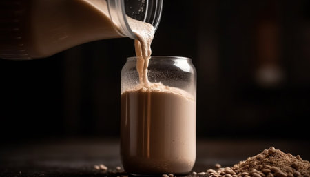 Close up of frothy cappuccino pouring into coffee cup at rustic bar generated by artificial intelligenceの素材