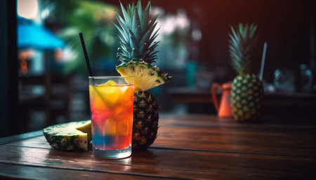 Fresh tropical cocktail with pineapple slice, lime and organic fruit generated by artificial intelligenceの素材