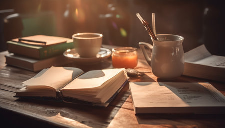 Old fashioned library desk with stack of literature, coffee cup, and pen generated by artificial intelligenceの素材