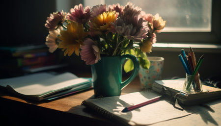 Modern office desk with bookshelf, vase of flowers, and coffee generated by artificial intelligenceの素材