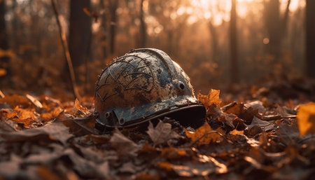 Men in army helmets walk through autumn forest, armed for war generated by artificial intelligenceの素材