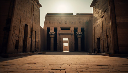 Ancient Egyptian tomb illuminated at dusk, symbol of spirituality and mystery generated by artificial intelligenceの素材