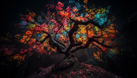 Multi colored leaves adorn the autumn forest, backlit by sunset generated by artificial intelligenceの素材