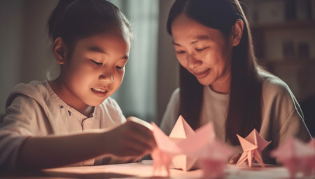 Two boys and girls playing, smiling, bonding, learning, and creating art generated by artificial intelligenceの素材