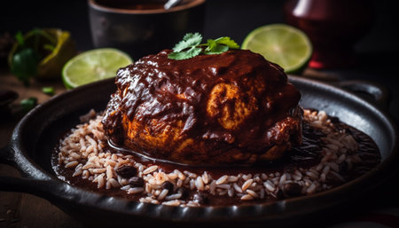Grilled steak with coriander and lime sauce on rustic plate generated by artificial intelligenceの素材