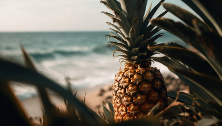 Ripe pineapple in tropical sunset, a healthy summer refreshment generated by artificial intelligenceの素材