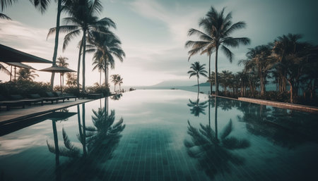 Tranquil scene of palm trees and water at tropical resort generated by artificial intelligenceの素材